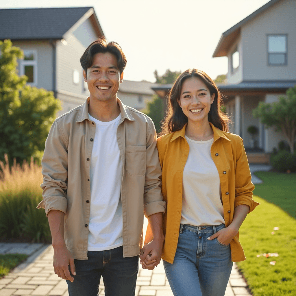 注文住宅と建売住宅の家が並んだイメージ。どちらの家を選ぶか悩んでいるカップル。