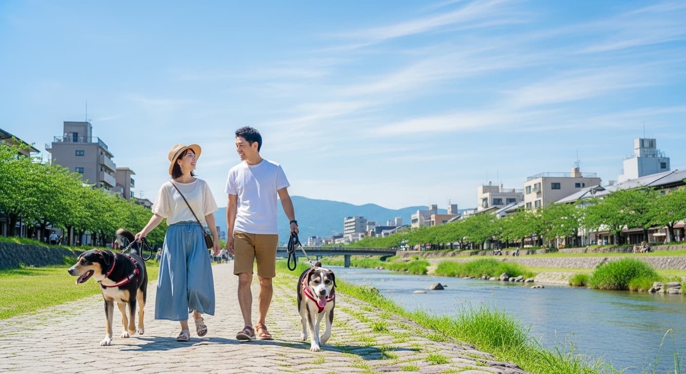 夏の鴨川沿いを大型犬2頭と散歩する30代夫婦の様子