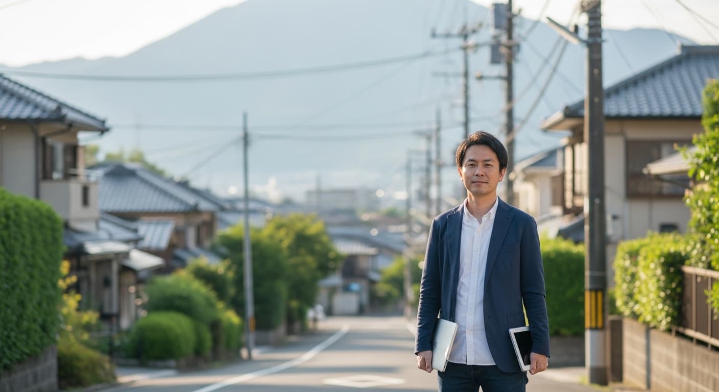 吉田山麓の街並みで仕事と暮らしを充実させる40代男性フリーランスの様子