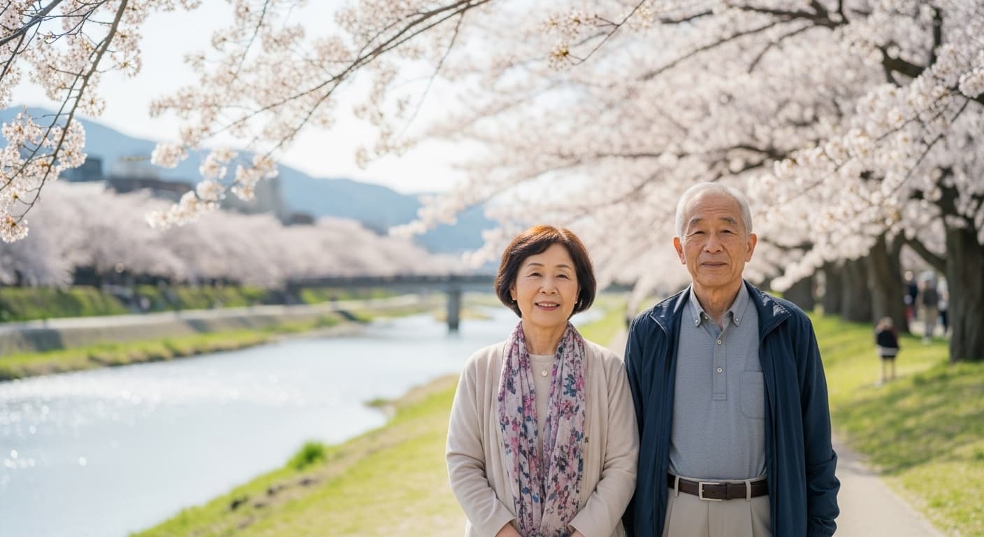 春の鴨川と桜を背景に穏やかに佇む70代夫婦の様子