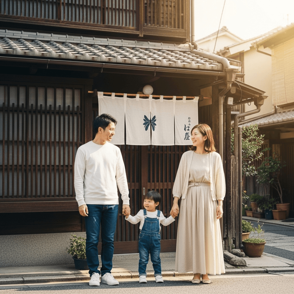 京都市の京町家で暮らす笑顔の家族と助成金制度